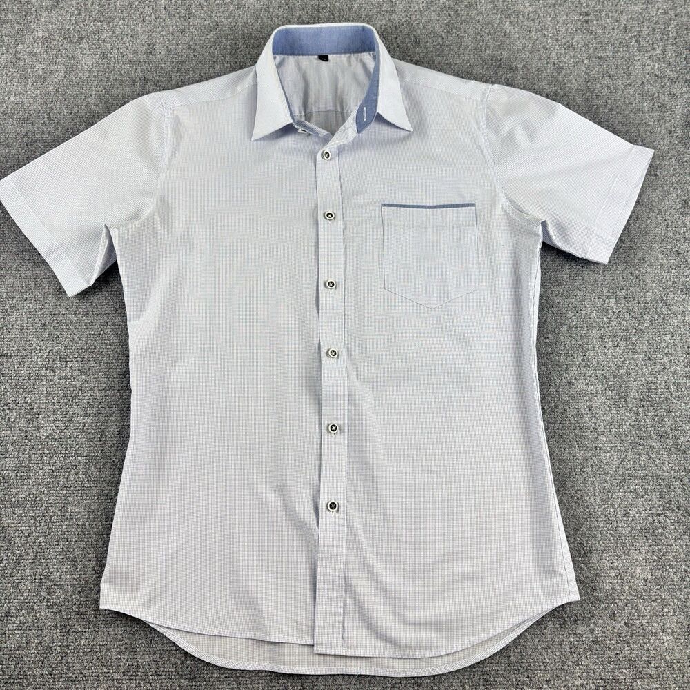 Mens 95 S M White Blue Grid Check Shirt Short Sleeve Contrast Collar FLAWED
